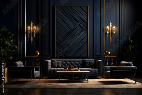 Luxury interior of the dark room in a black wall with dark furniture and dark colored walls, in the style of light navy and gold, metallic accents, lively tableaus, soothing color palettes photo