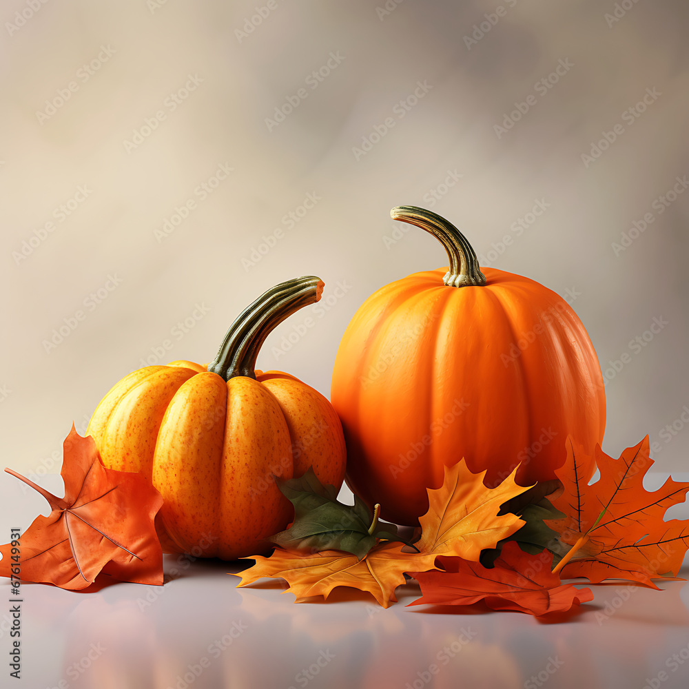 Orange pumpkins and fall leaves Generative AI Orange pumpkins and fall leaves Generative AI