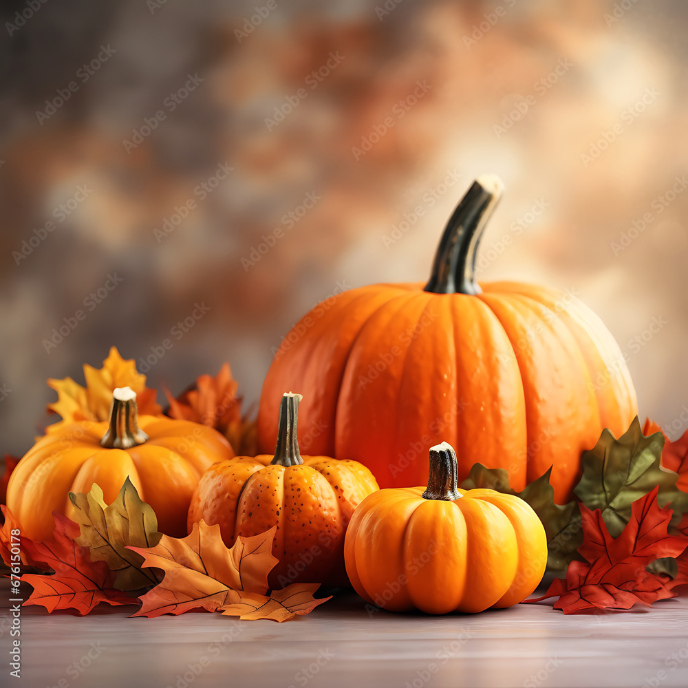 Orange pumpkins and fall leaves Generative AI Orange pumpkins and fall leaves Generative AI
