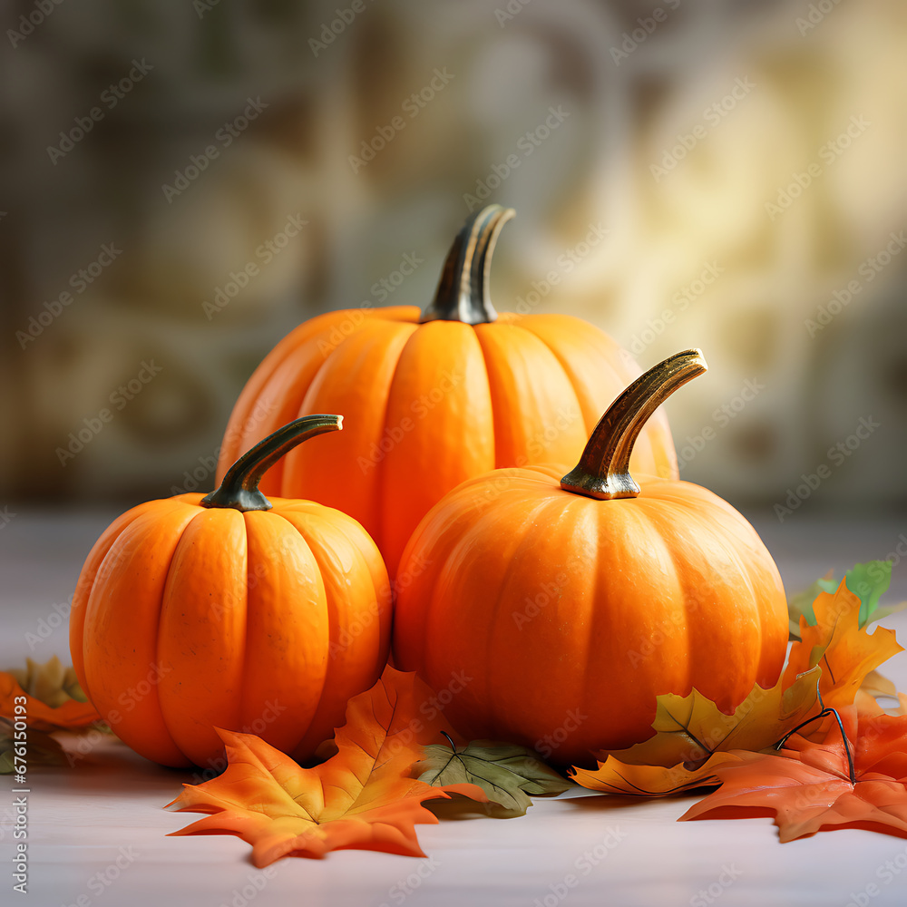 Orange pumpkins and fall leaves Generative AI Orange pumpkins and fall leaves Generative AI