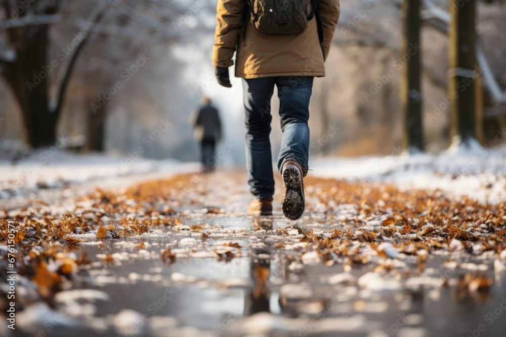 man walking on an icy road, with water and snow. - obrazy, fototapety, plakaty 