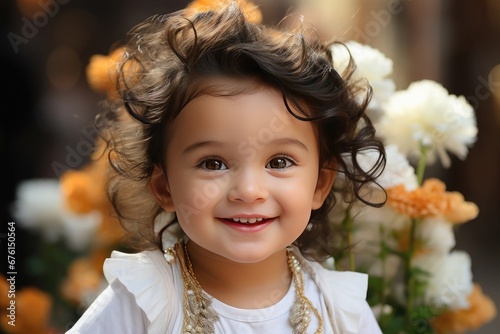 closeup of a very happy and content little hindu girl at a celebration in India