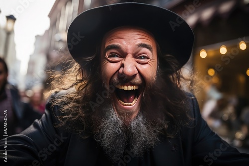 ultra-orthodox Jew very happy and shouting with joy photo