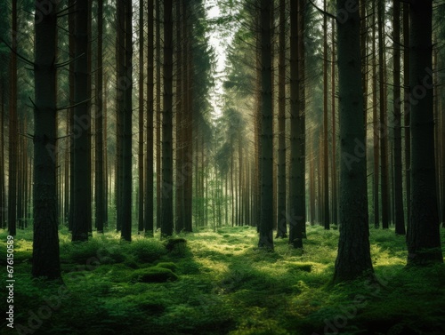 A forest filled with lots of tall trees. Generative AI.