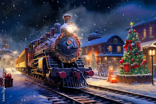 Illustration of Polar Express concept during Christmas time at the train station with decorations,  Generative AI image.