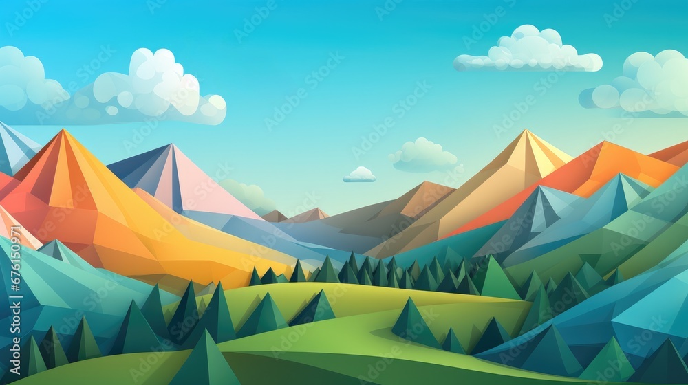 A mountain landscape with a few trees in the foreground. Generative AI.