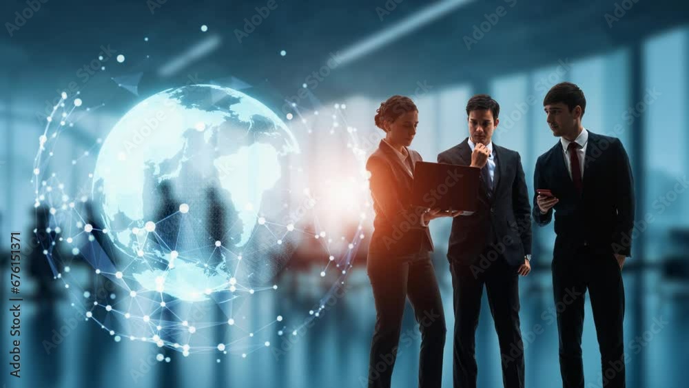 Group of multinational people standing in the corporate office and global communication network concept. International business. Management strategy.