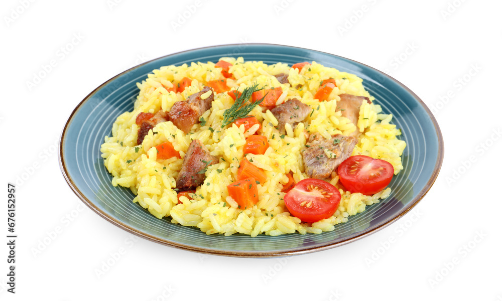 Delicious pilaf with meat isolated on white