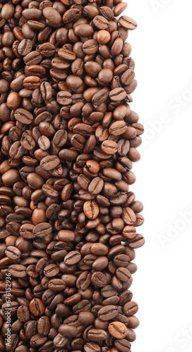 Many roasted coffee beans isolated on white , top view