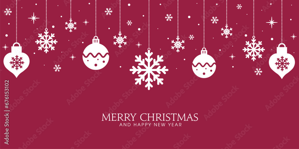 Festive ornaments of white snowflakes and christmas baubles on red background. Red holiday card. Festive ornaments of white snowflakes and christmas baubles on red background. Red holiday card.