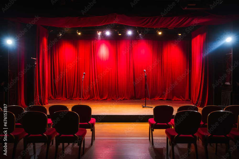 Empty stage of a comedy club with open mic, waiting for performers, chairs setup for audience, theater atmosphere reigns. Nobody - obrazy, fototapety, plakaty 