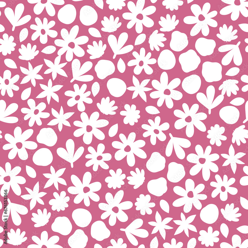 Girlish pink floral seamless pattern. Hand drawn white tiny flowers on pink background. Minimalistic Botanical allover raster print