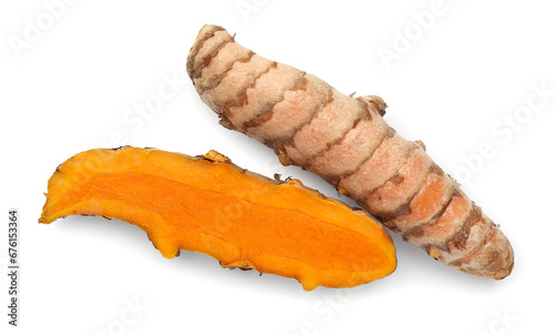 Fresh turmeric roots isolated on white, top view