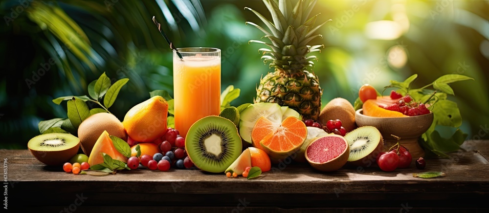 In the summer surrounded by the lush green leaves and vibrant colors of nature enjoying a delicious meal of tropical fruits nutritious milk and Asian cuisine with the warm light filtering th In the summer surrounded by the lush green leaves and vibrant colors of nature enjoying a delicious meal of tropical fruits nutritious milk and Asian cuisine with the warm light filtering th