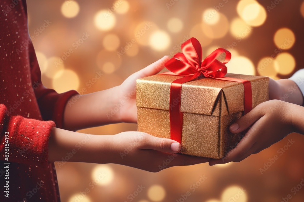 Hands of parent giving Christmas gift on Christmas tree background Hands of parent giving Christmas gift on Christmas tree background
