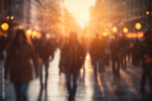 Crowd on street in bright lens flare Abstract blur
