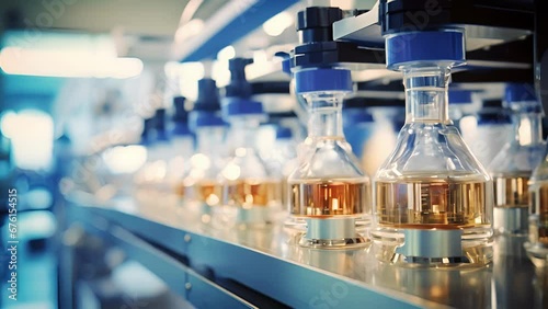 Detailed shot of a laboratory equipped with stateoftheart gas chromatography machines, where scientists analyze and identify the precise chemical components of perfume formulations, ensuring photo