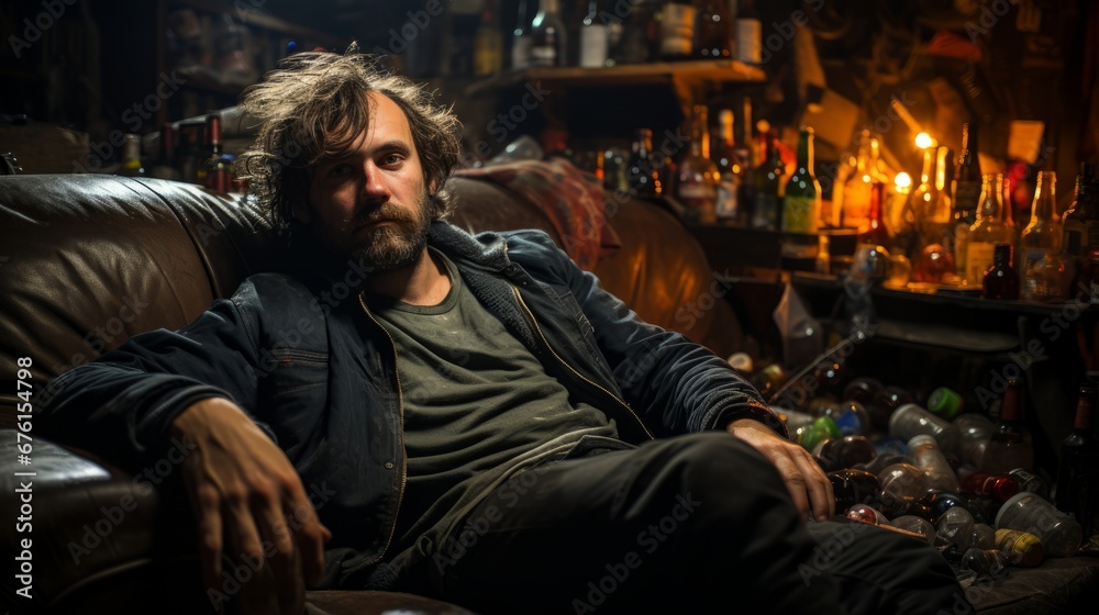 A man surrounded by empty alcohol bottles. Generative AI. A man surrounded by empty alcohol bottles. Generative AI.
