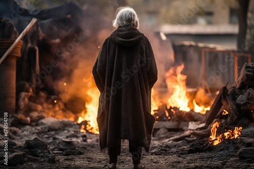 Homeless senior woman standing near fire back view, concept of Loneliness