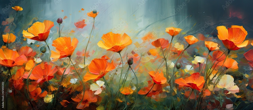 In the vibrant garden amidst the sea of green orange and red flowers bloom bringing forth the wonders of spring and the beauty of nature In the vibrant garden amidst the sea of green orange and red flowers bloom bringing forth the wonders of spring and the beauty of nature