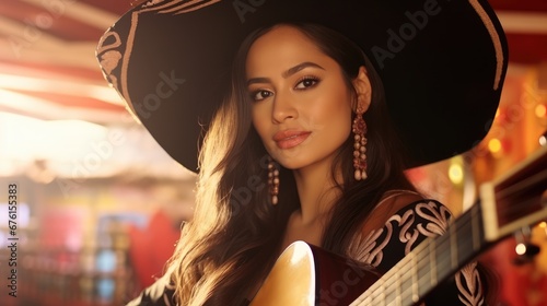 Portrait of Mexican mariachi woman wearing hat photo