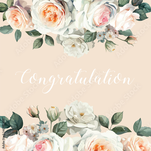 Beautiful white roses bouquet isolated on congratulation card or greeting, invitation or any more