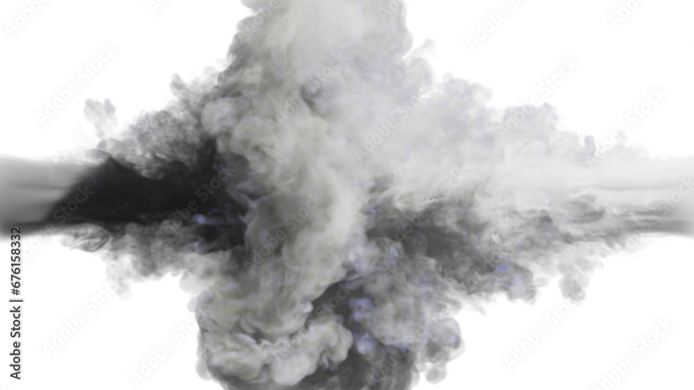 Puffs of white and grey smoke collide against a white background. 3d illustration.  - obrazy, fototapety, plakaty 