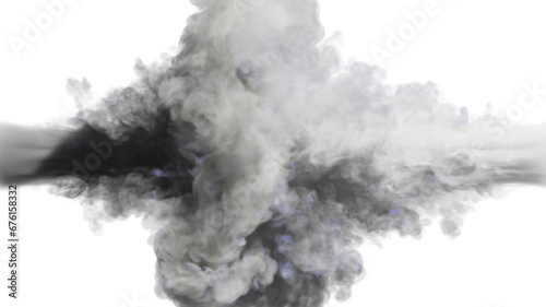Puffs of white and grey smoke collide against a white background. 3d illustration.  photo
