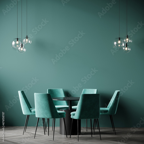 Meeting area or diningroom with large black round table and teal cyan chairs. Empty wall turquoise azure paint color accent. Dinning modern kitchen interior home or cafe. Mockup for art. 3d render