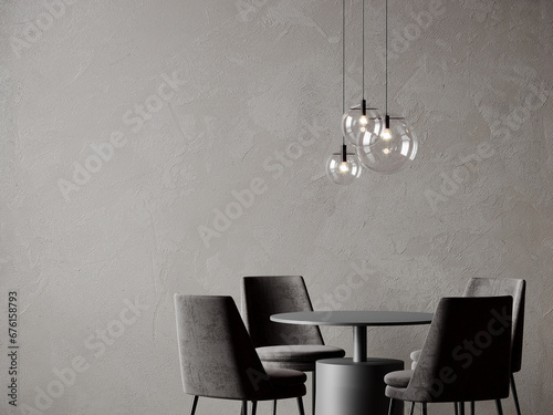 Diningroom in soft pastel colors. Beige taupe ivory microcement with black details. Glass balls chandeliers. Minimalistic room with empty walls. Menu template or blank canvas invitation. 3d rendering 