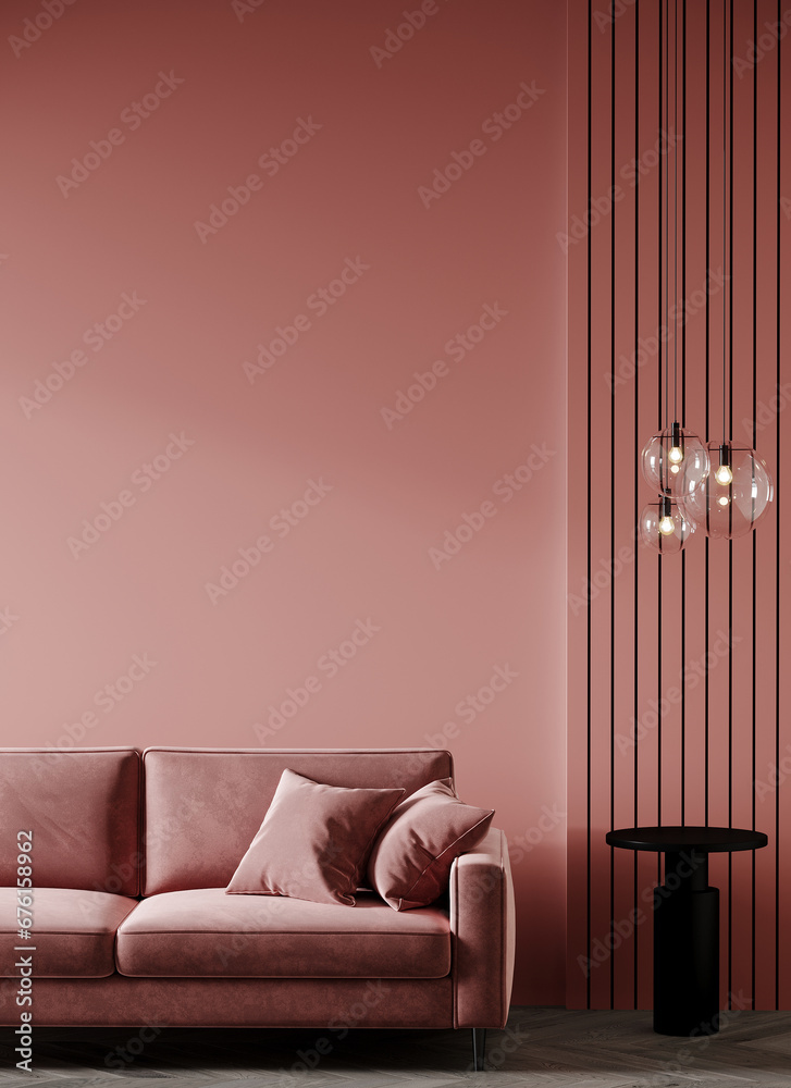 Living room in luxury pink tone. The deep accent color rose painting walls of the room and the powder mauve velvet sofa. Large vertical place blank for creativity, art or pictures. 3d rendering  - obrazy, fototapety, plakaty 