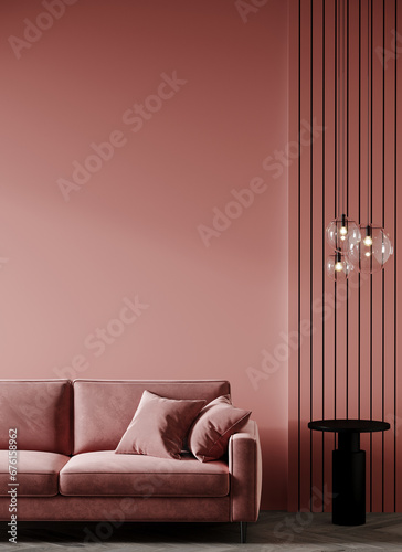 Living room in luxury pink tone. The deep accent color rose painting walls of the room and the powder mauve velvet sofa. Large vertical place blank for creativity, art or pictures. 3d rendering 