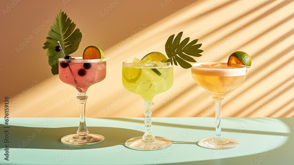 Cold summer cocktails, on a minimal pastel background