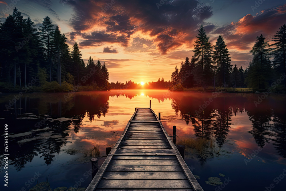 Beautiful landscape view of a jetty with reflection at a lake for wallpaper, background and zoom meeting background	