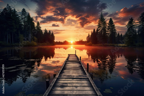 Beautiful landscape view of a jetty with reflection at a lake for wallpaper, background and zoom meeting background  © grey