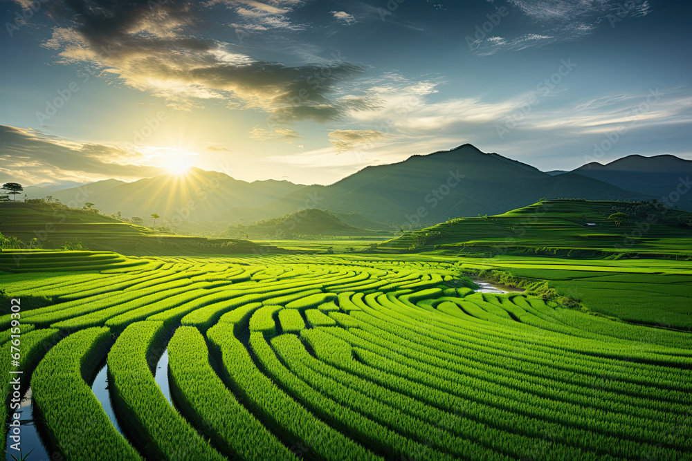 Beautiful landscape view of paddy fields on green hills for wallpaper, background and zoom meeting background