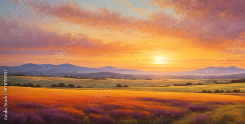 Digital artwork, landscape oil painting of nature, colorful warm tones with sunset and clouds. Can be used as background or wallpaper.