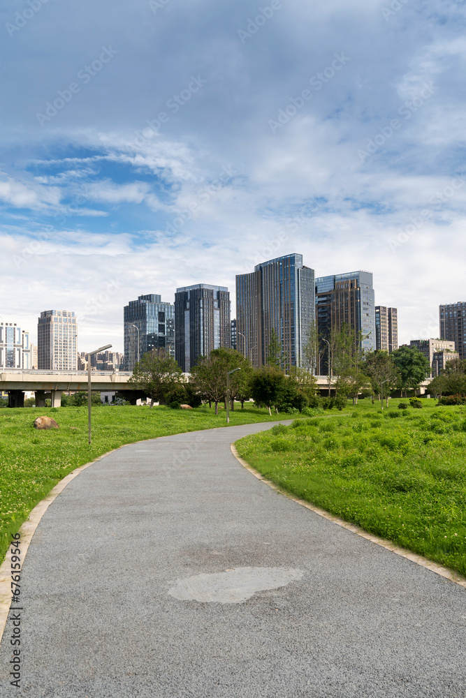 city park with modern building background in shanghai