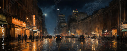 Night cityscape oil painting drawing. A digital artwork with brush strokes. City at night with many lights. Can be used as background or wallpaper. © bugrakaan