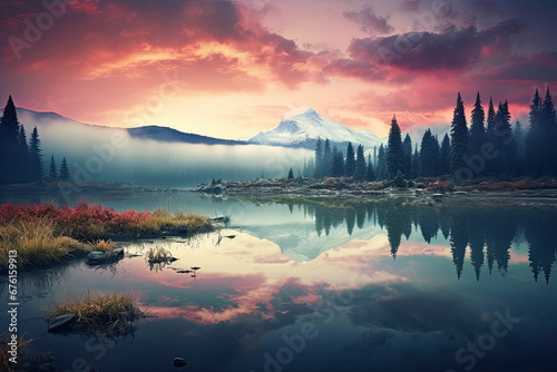 Beautiful lake view with trees and mountains for wallpaper, background and zoom meeting background