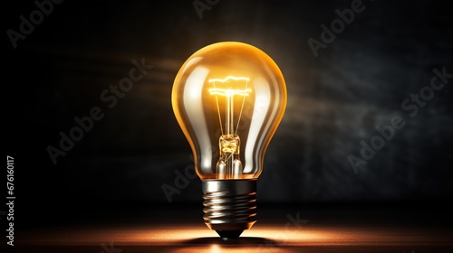 a yellow light bulb on dark blue background, isolated, copy space, canva