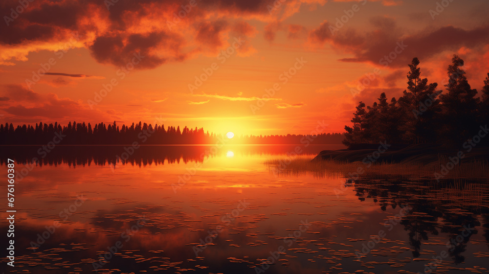 湖上の静かな夕焼け｜Tranquil Sunset Over the Lake　Generative AI