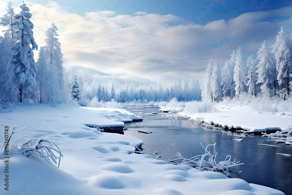 Beautiful lake view with tree during winter for wallpaper, background and zoom meeting background