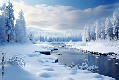 Beautiful lake view with tree during winter for wallpaper, background and zoom meeting background © grey