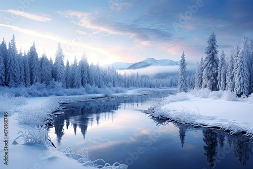 Beautiful lake view with tree and mountain during winter for wallpaper, background and zoom meeting background