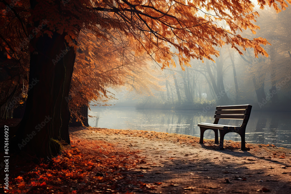 Beautiful landscape view of a park during the autumn season for wallpaper, background and zoom meeting background