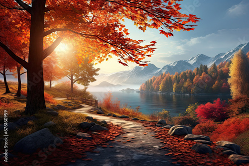 Beautiful landscape view of a park during the autumn season for wallpaper, background and zoom meeting background