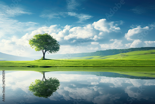 Beautiful landscape view of a tree on green hills for wallpaper, background and zoom meeting background