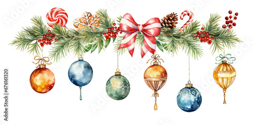 watercolor vector illustration christmas decoration with balls and Candy canes and ribbon,festival set