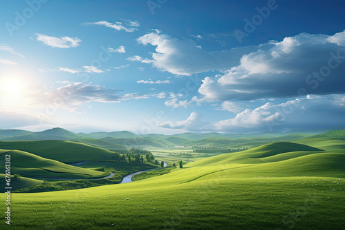 Beautiful landscape view of endless green hills for wallpaper, background and zoom meeting background 